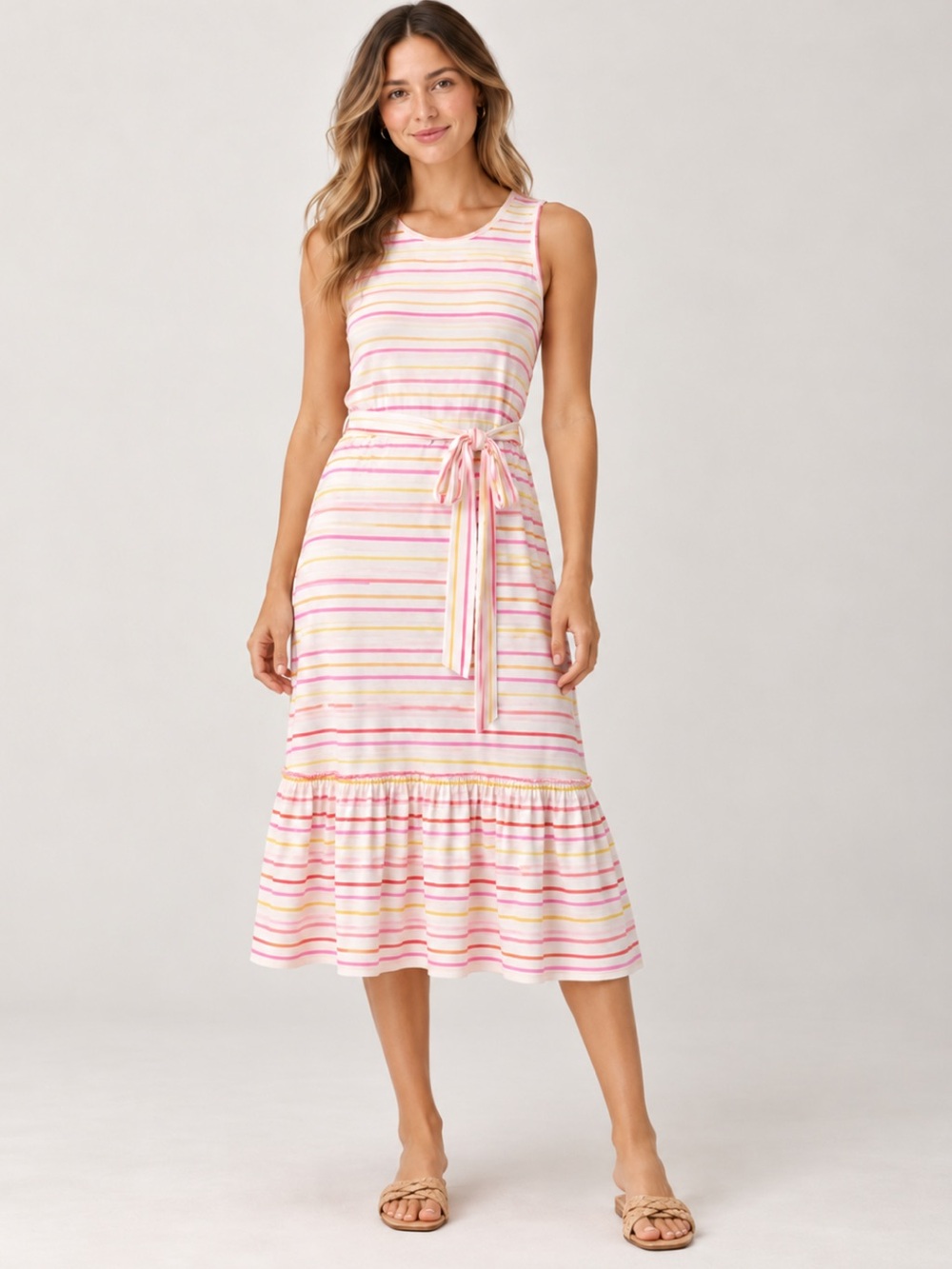 J. Crew Striped Sleeveless Cotton Peplum Ruffle Midi A-Line Dress White XS